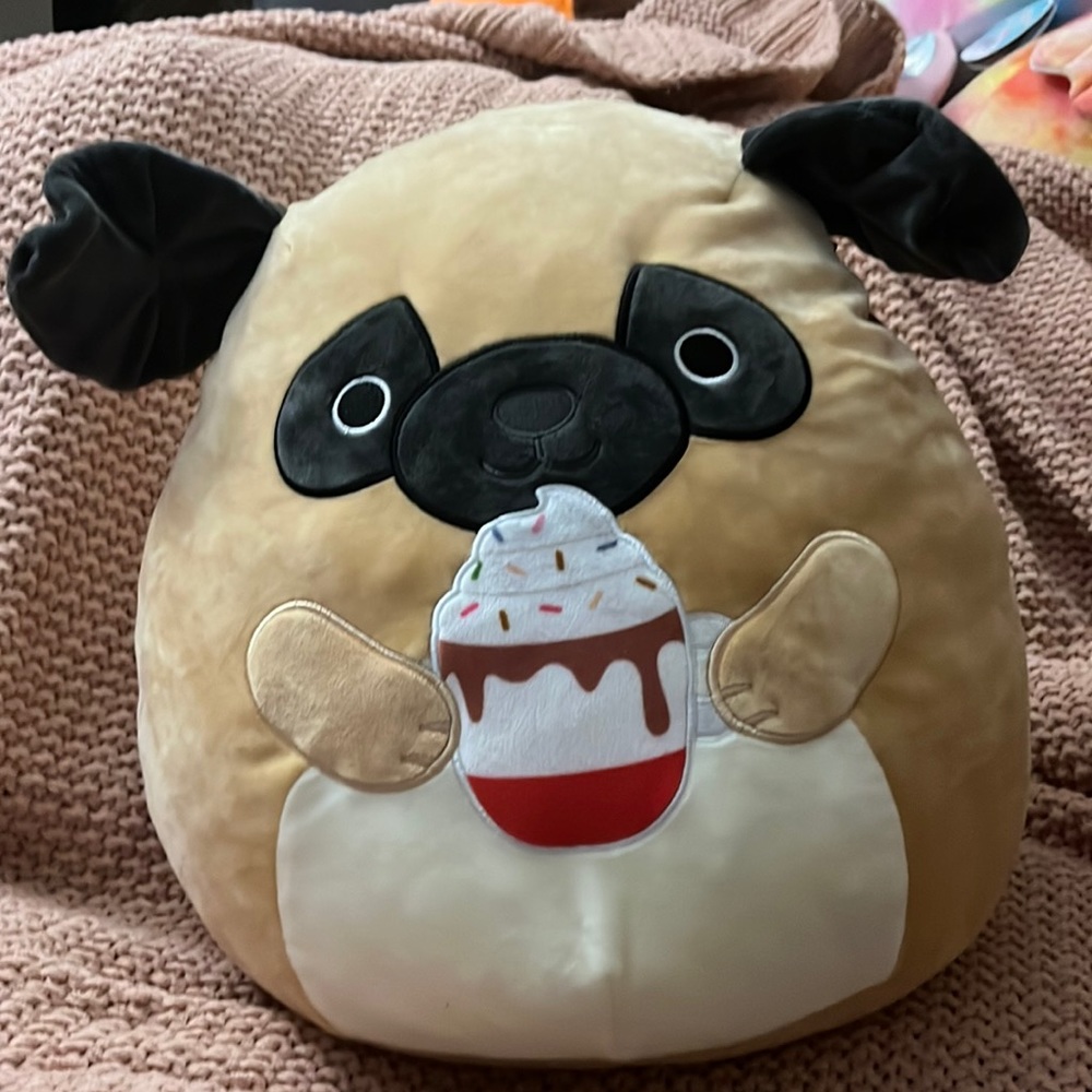 Pug drinking a coffee/hot chocolate Squishmallow